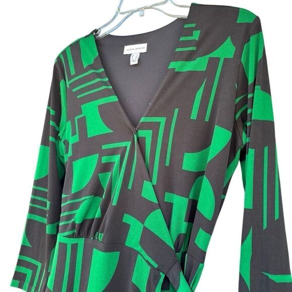 Susan Graver Green Black Geometric Print Knit 3/4 Sleeve Wrap Belted Dress Small - Picture 6 of 10